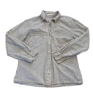 Blue & White Stripe Linen Blend Long Sleeve Roll-Tab Button Down Shirt, Size S